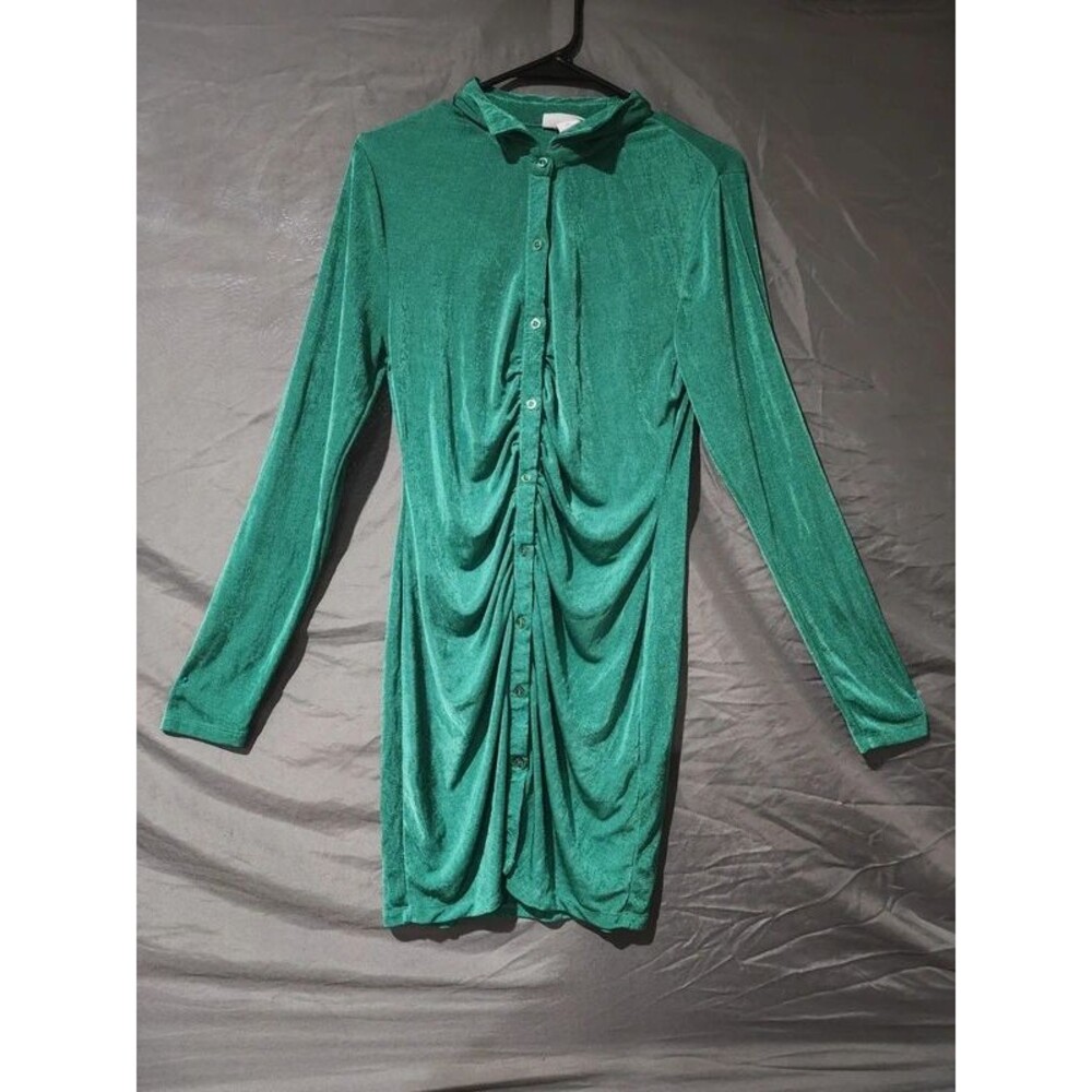 Emerald Green Slinky Mini Dress Just Polly XL Long Sleeve Button-Front